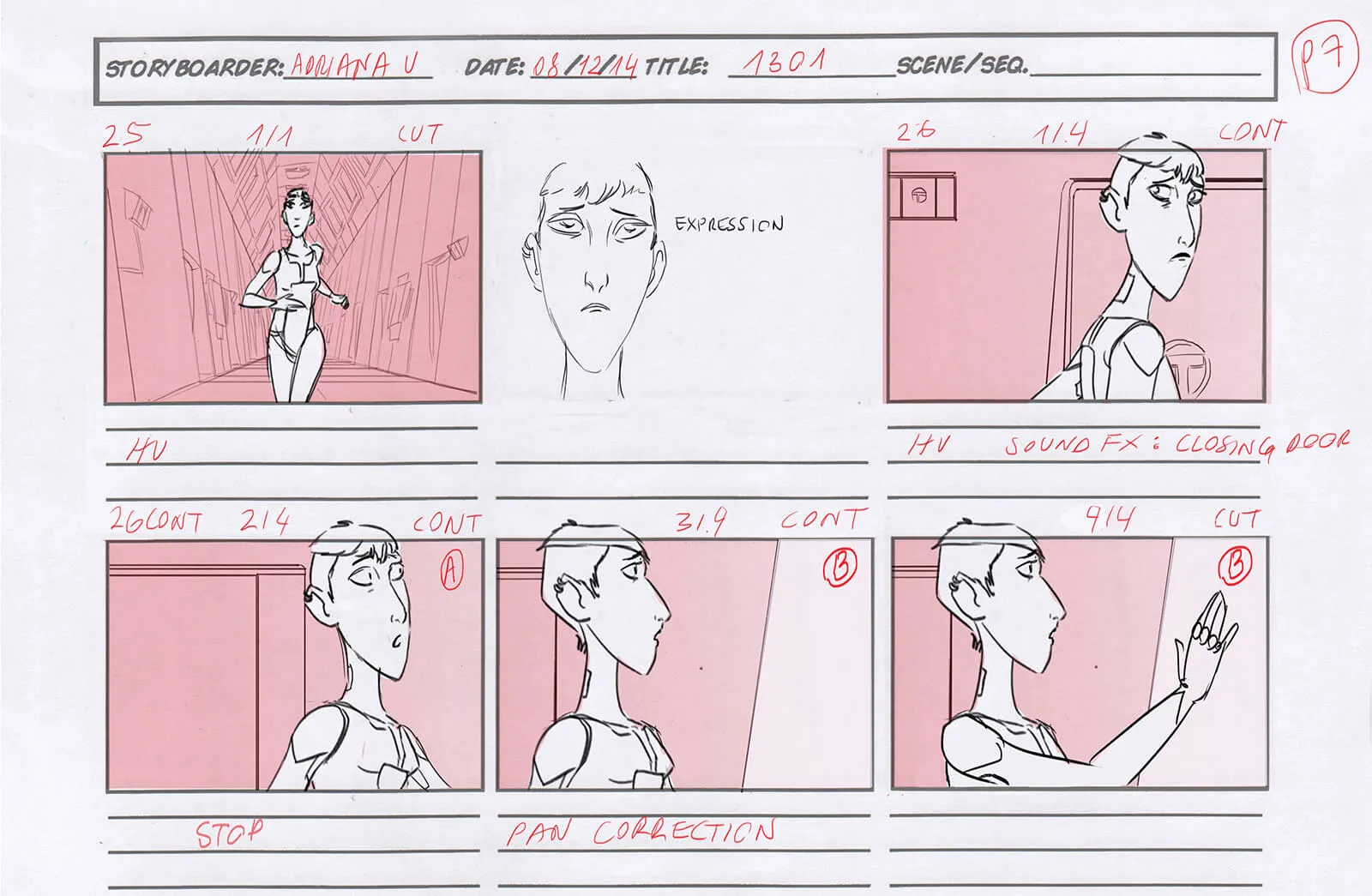 Red and white sketched storyboard for the film REA depicting the action from the beginning of the story to the end