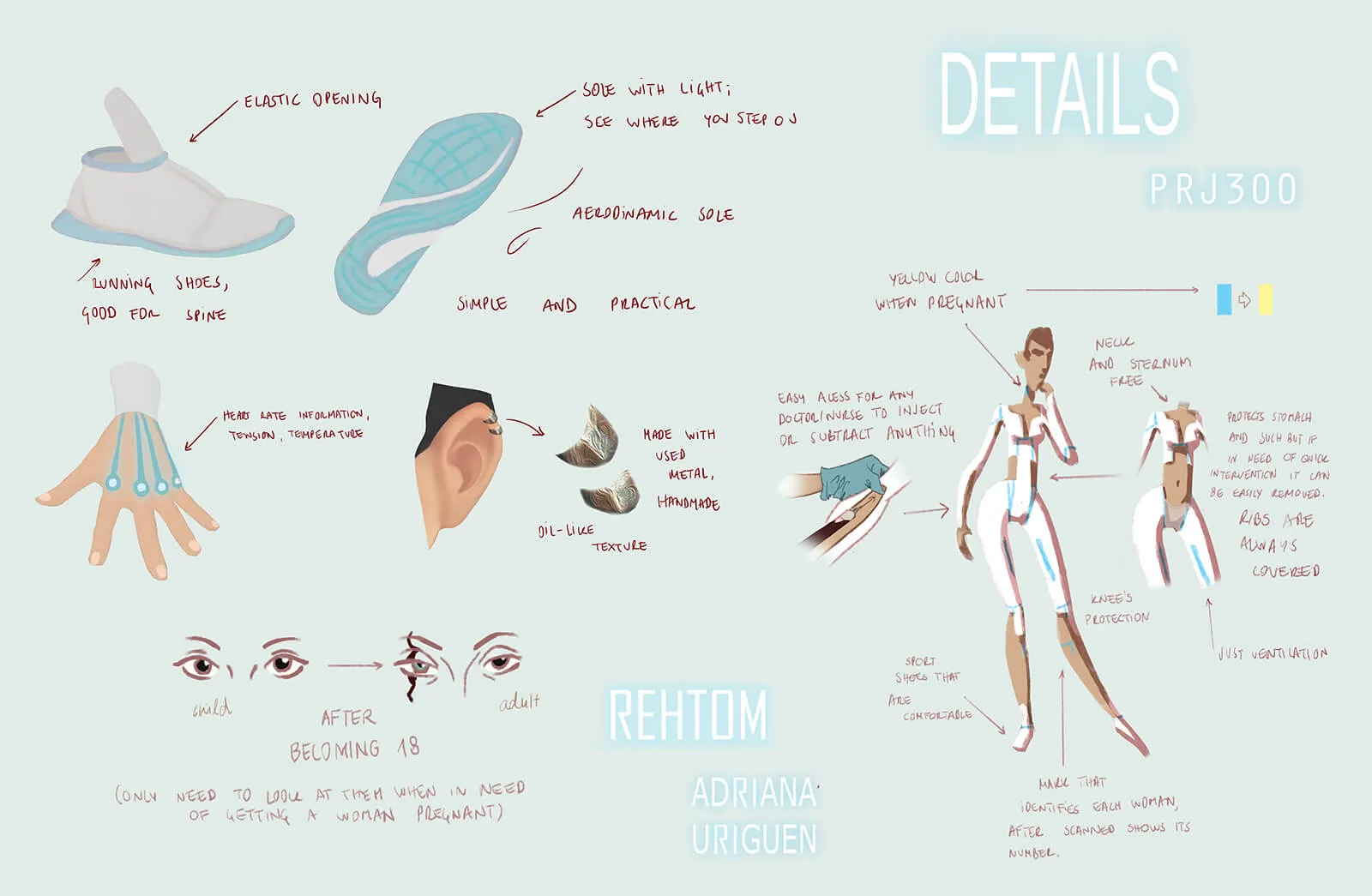 Color details for a futuristic character in the film REA, from shoes, earrings, accent lighting, and scar