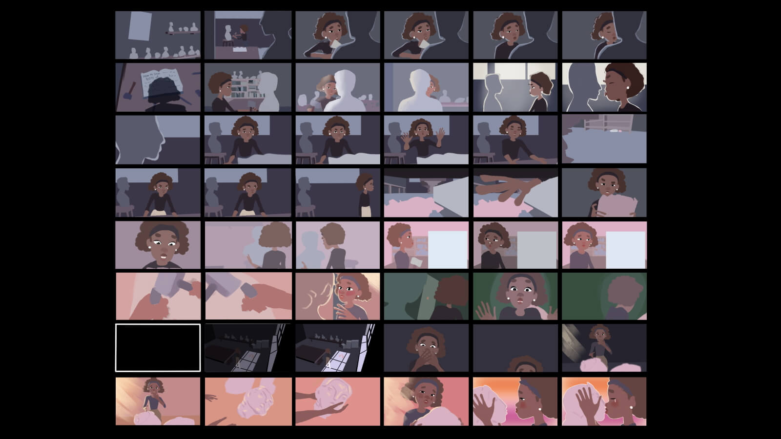 Storyboard of SAFO, showing key scenes and character actions.