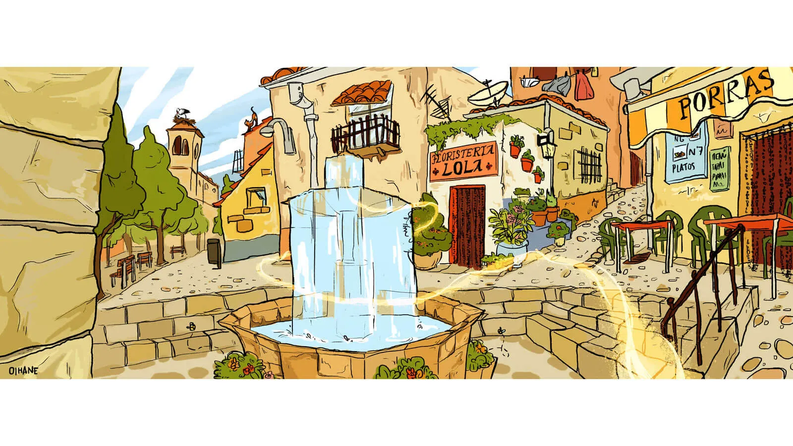 Concept artwork of the town including several shops and the fountain