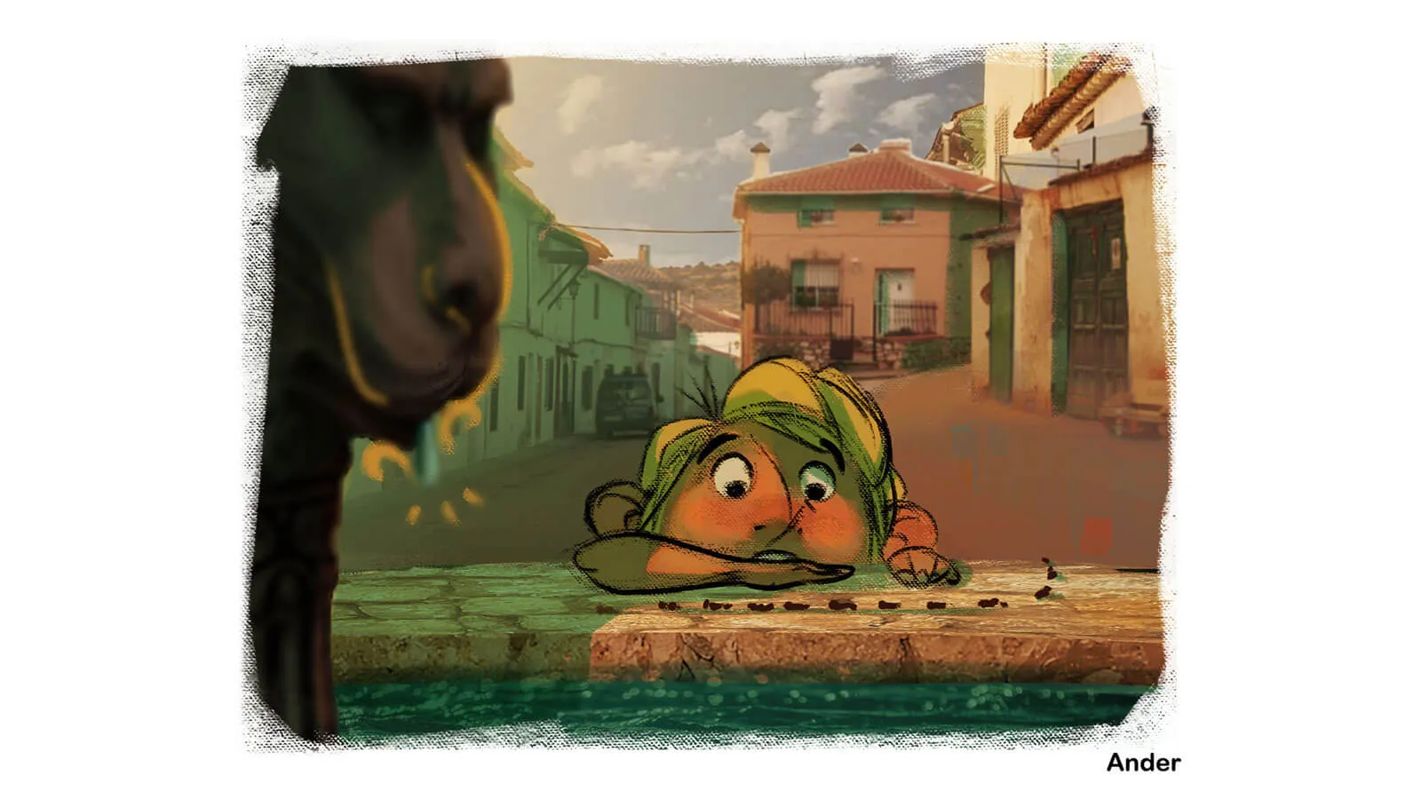  Concept artwork of the boy watching ants move along the edge of a fountain