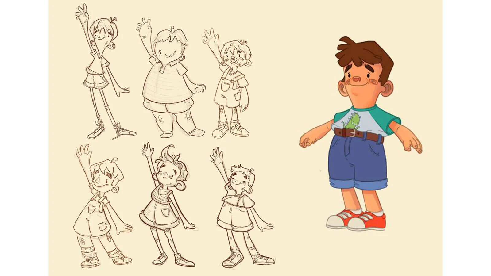 Concept artwork of a boy with jeans and a dinosaur themed t-shirt