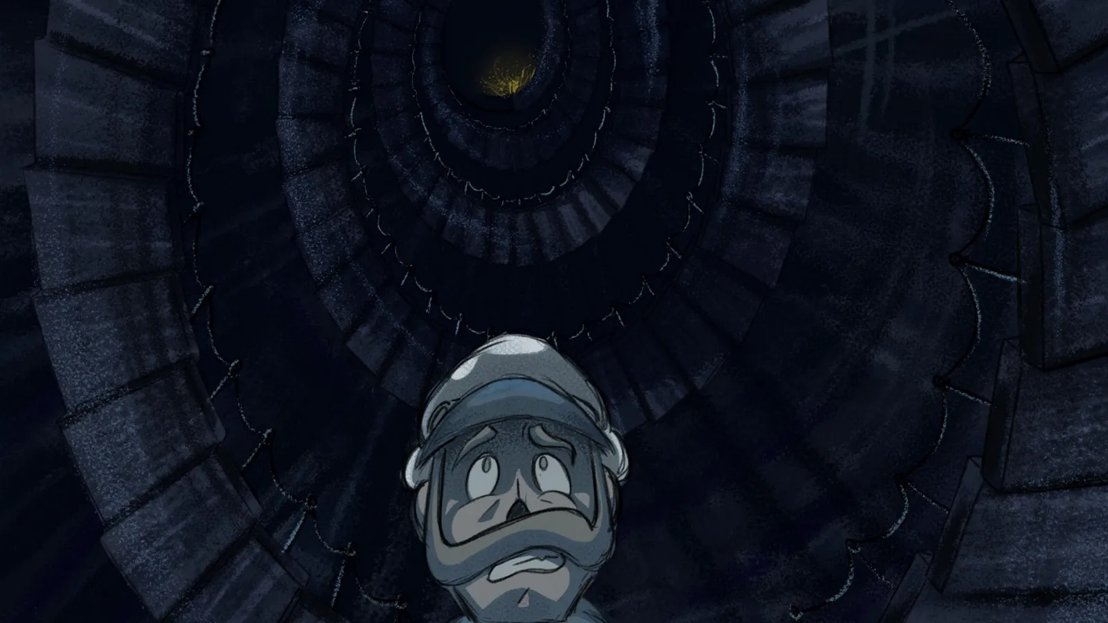 A man looks up in fear while standing at the base of a dark spiral staircase.