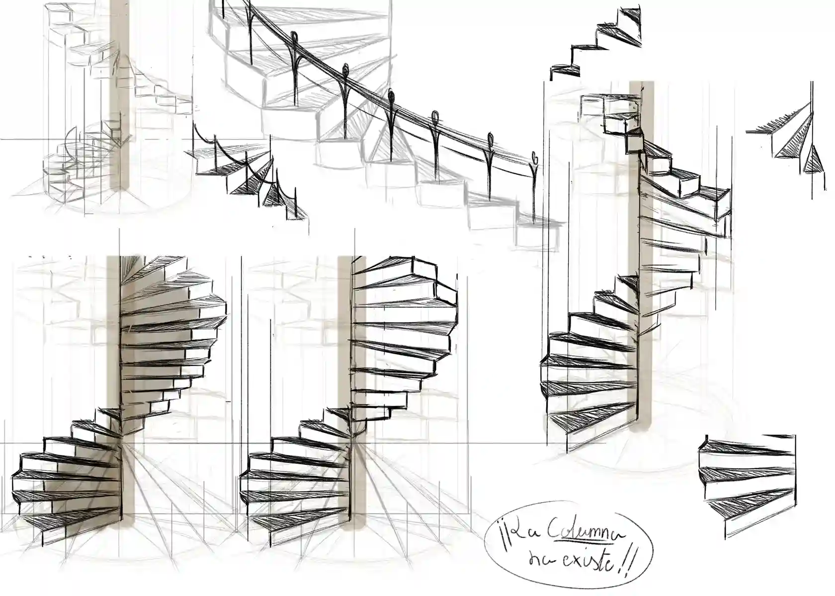 Design sketches of a spiral staircase from various angles and perspectives.