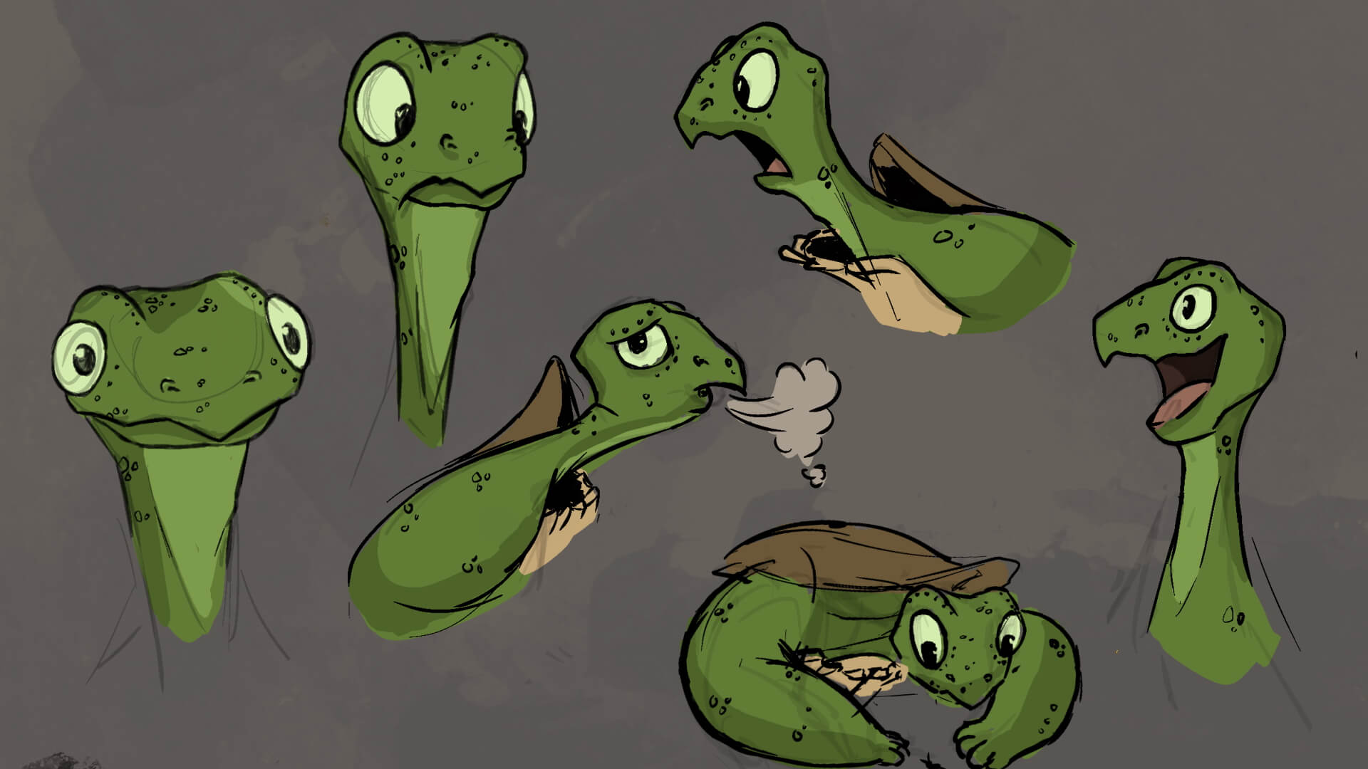 Sketches of a turtle-like character displaying various facial expressions on a gray background.