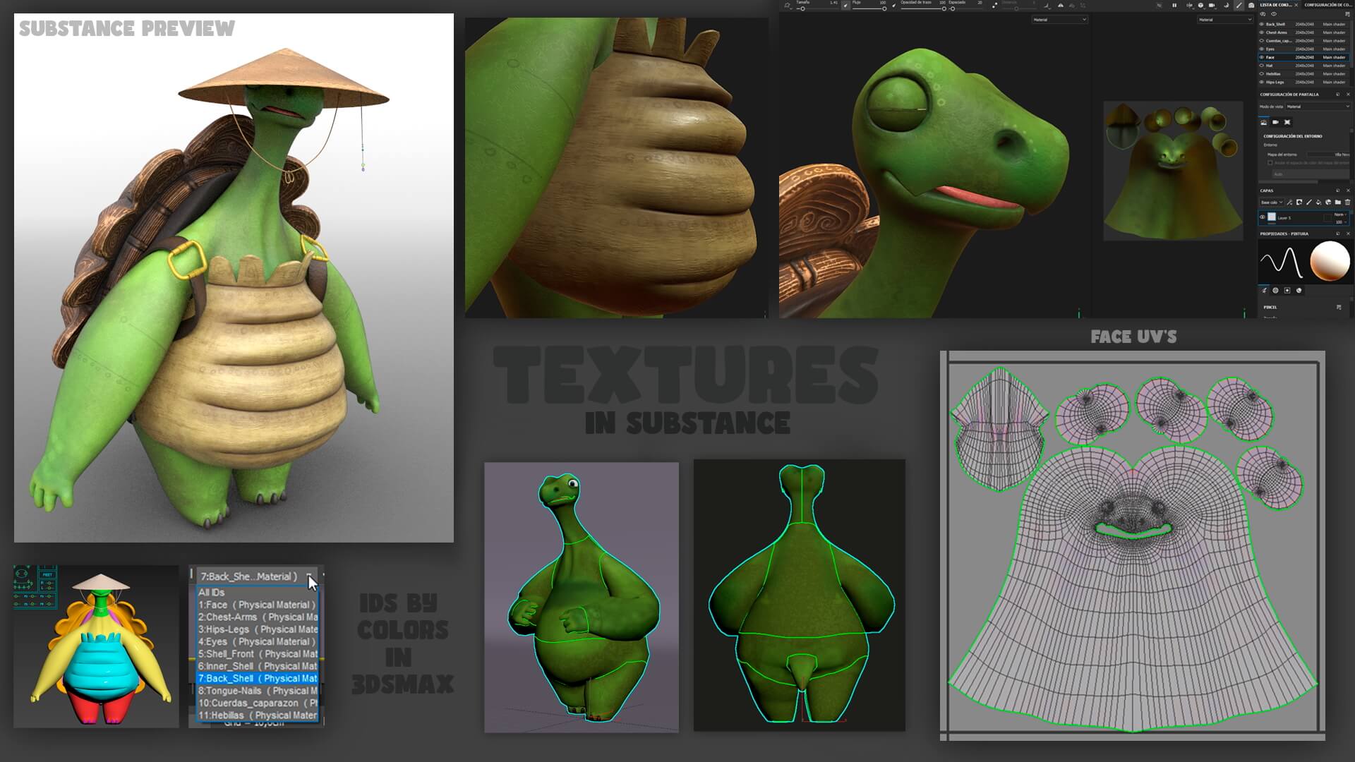 A detailed 3D model of a turtle-like character with a conical hat, shown in different textures and wireframes.