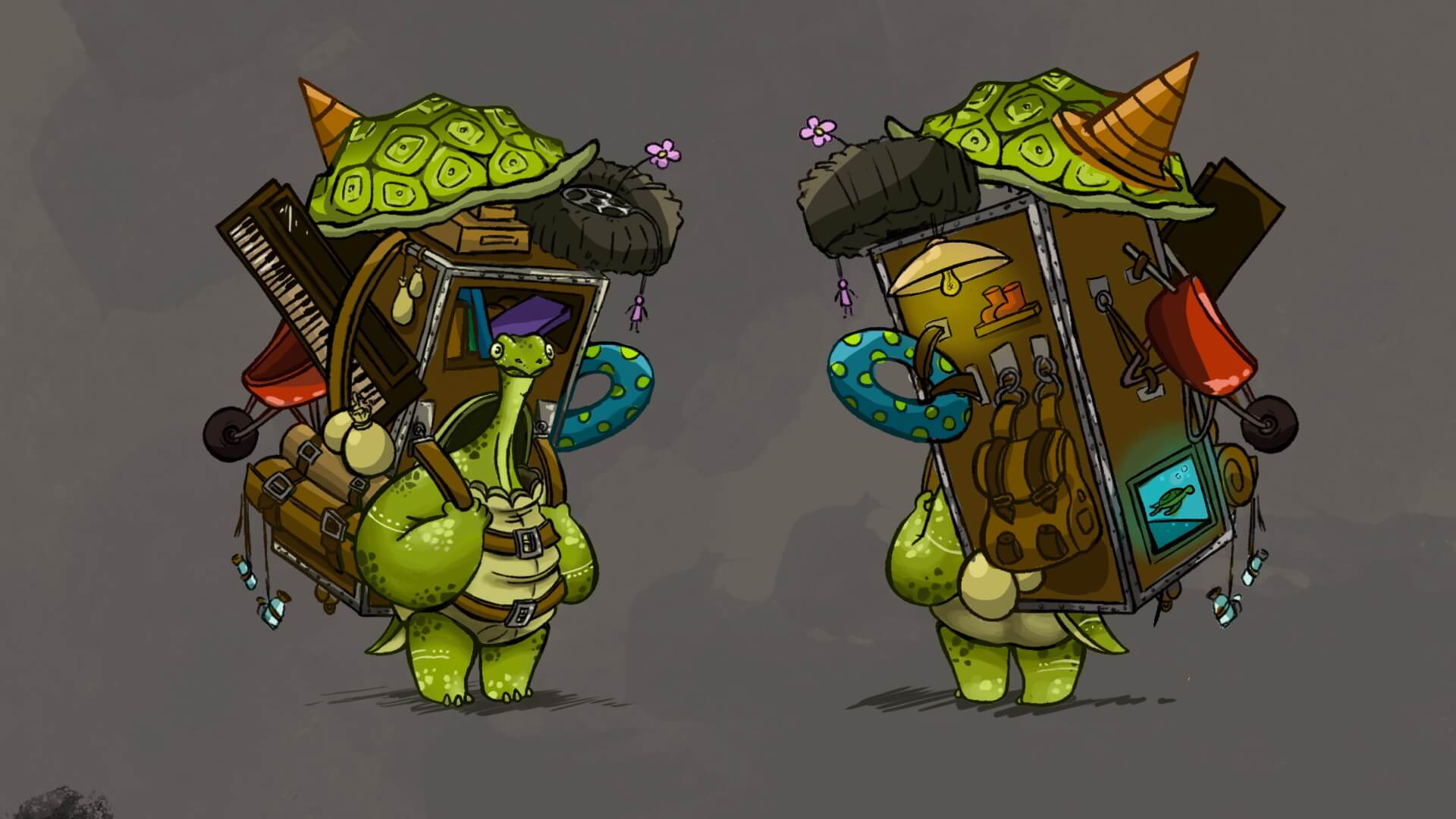 Front and back sketches of a turtle-like character carrying an enormous, detailed backpack filled with various items.