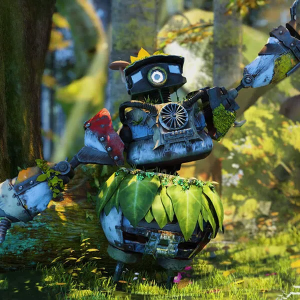 A robot made from various parts and covered in plants and moss poses in a forest