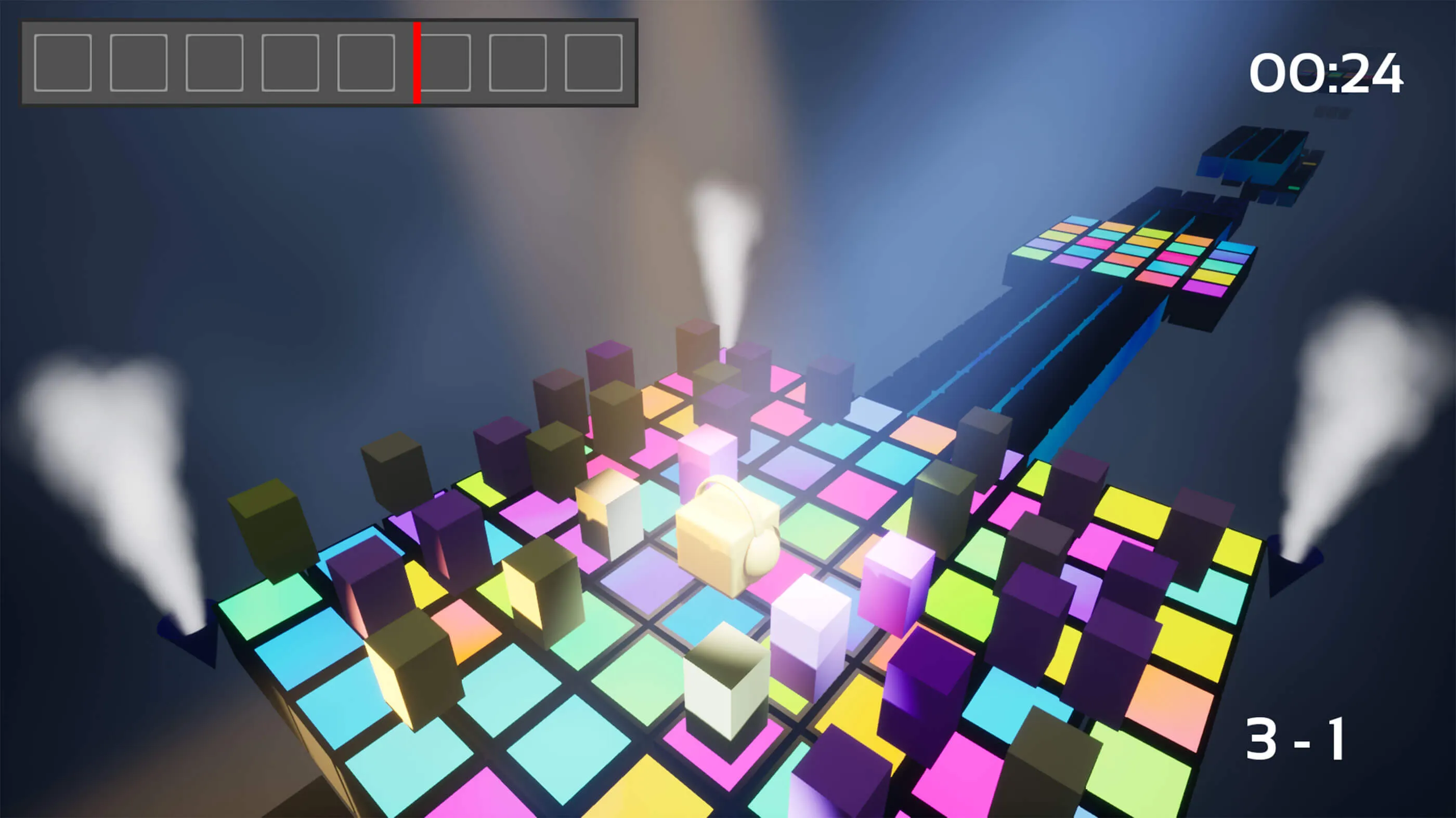 Isometric view of colorful pastel blocks with a central gold colored block