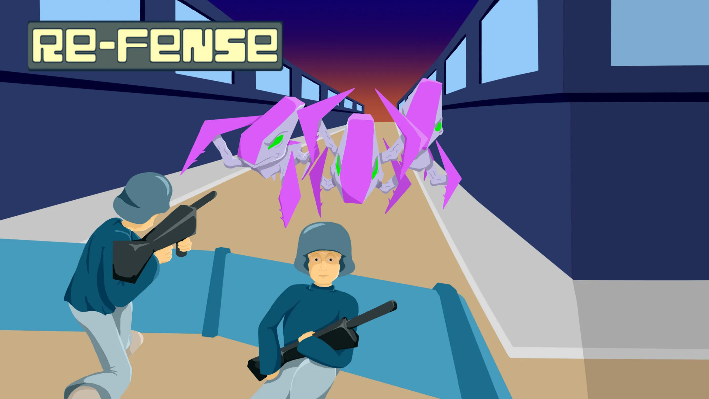 Poster of the game Re-Fense, shows the logo on the top left corner, and two soldiers fighting aliens in the background.