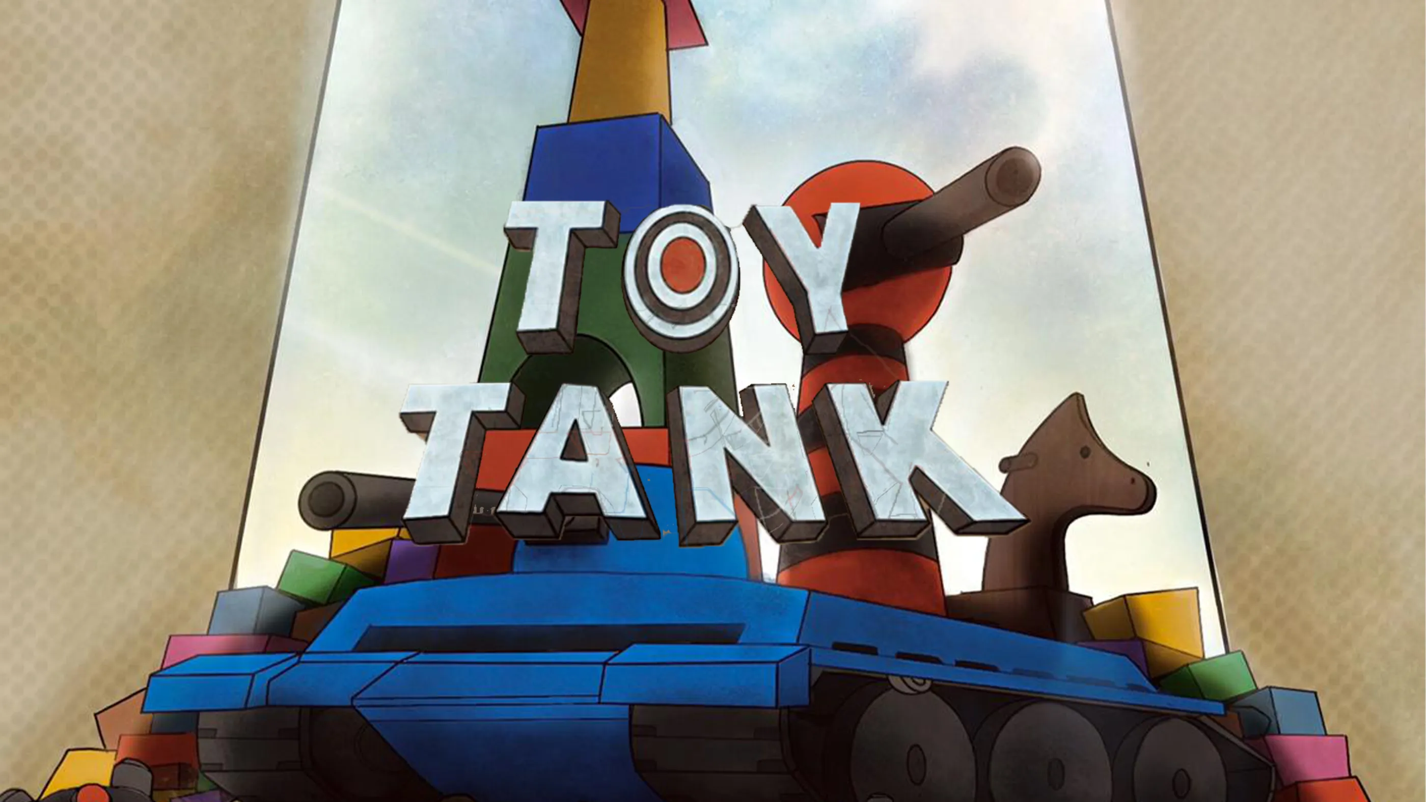 Toy Tank poster, showing the main character surrounded by children's elements.