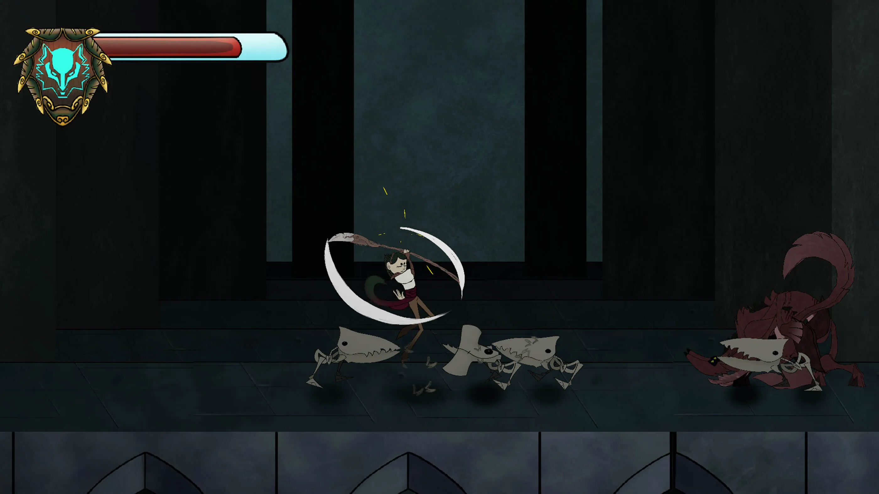 Player swings a spear at three skeleton enemies with sharp beaks