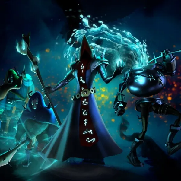 Un grupo de personajes oscuros y místicos con runas brillantes y armas