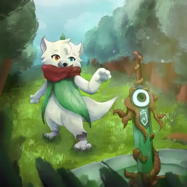 A white fox-like character in a forest near a mystical sword.