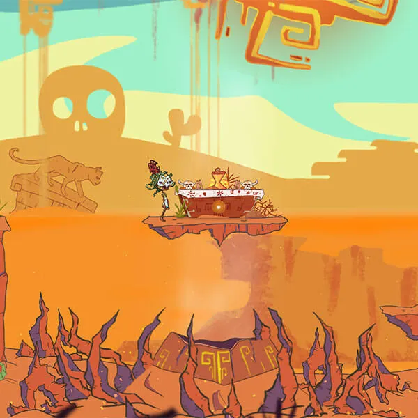 Player stands on a platform above sharp rock spires in a desert