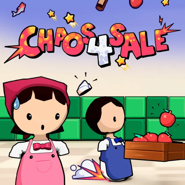 Logo of Chaos 4 Sale, showing two workers under stressful situation