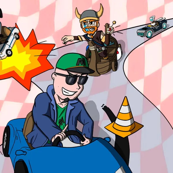 Cartoon illustration of various characters racing, featuring one character in a blue car and another in a Viking helmet.