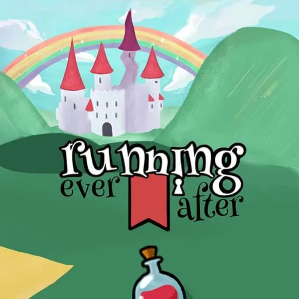 Multiple fairy tale characters cursed by an evil witch race along the path towards the potion to reclaim their happily ever after, with a beautiful castle with red roofs framed by a rainbow in the background.