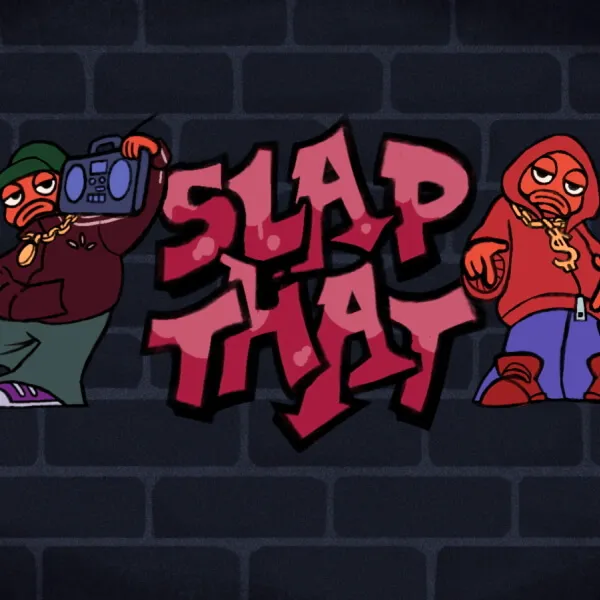 Dos personajes de dibujos animados vestidos con ropa estilo hip-hop, parados junto al título estilizado con grafiti SLAP THAT sobre un fondo de pared de ladrillos.