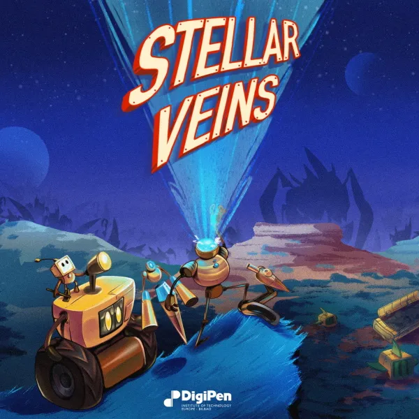 Póster horizontal de Stellar Veins con robots explorando un paisaje alienígena.