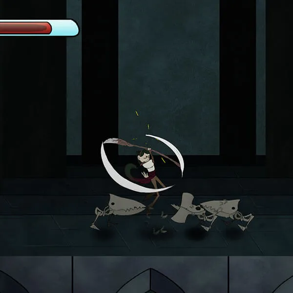 Player swings a spear at three skeleton enemies with sharp beaks