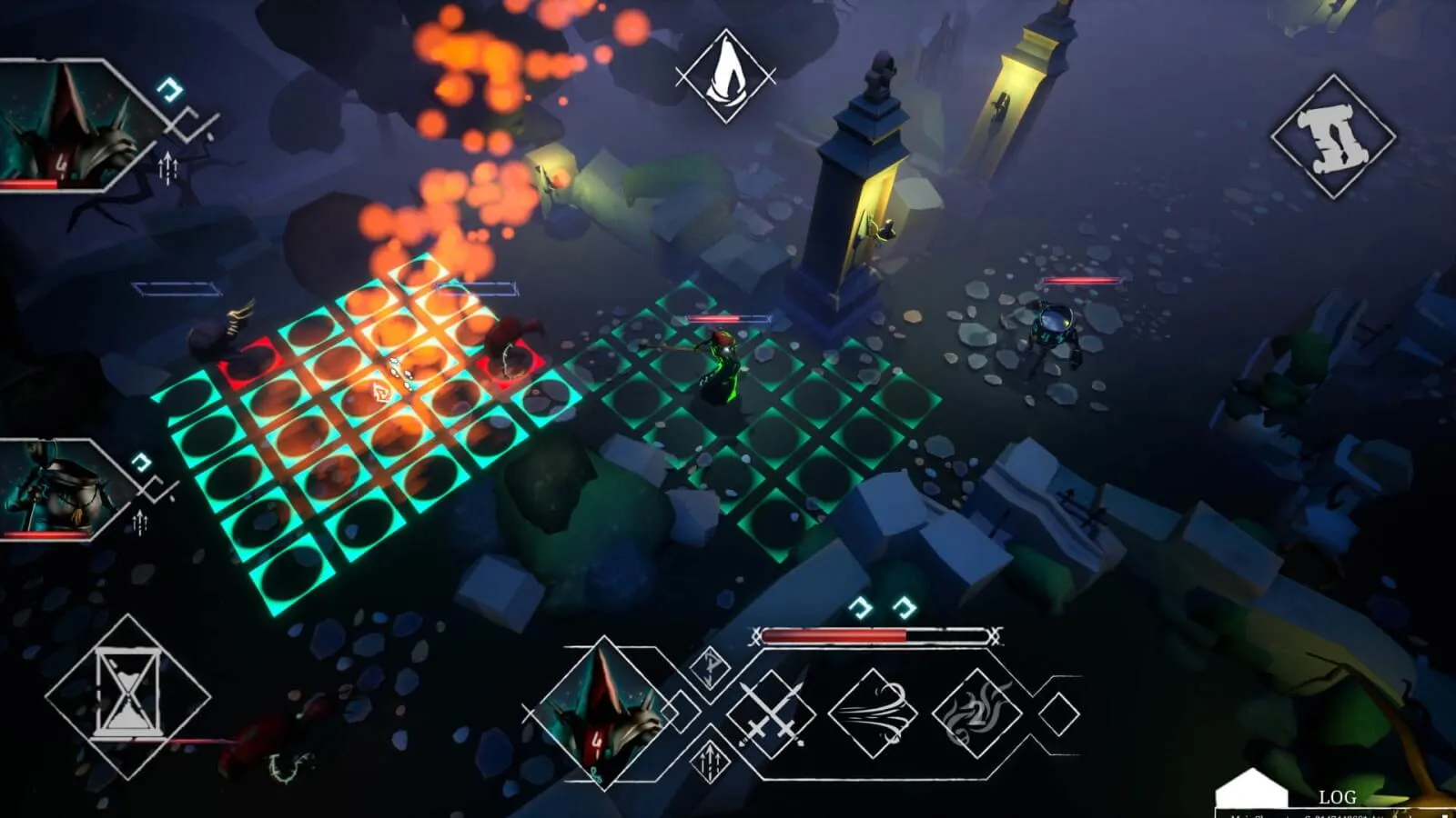 A tactical grid-based game with characters in a dark, mystical environment