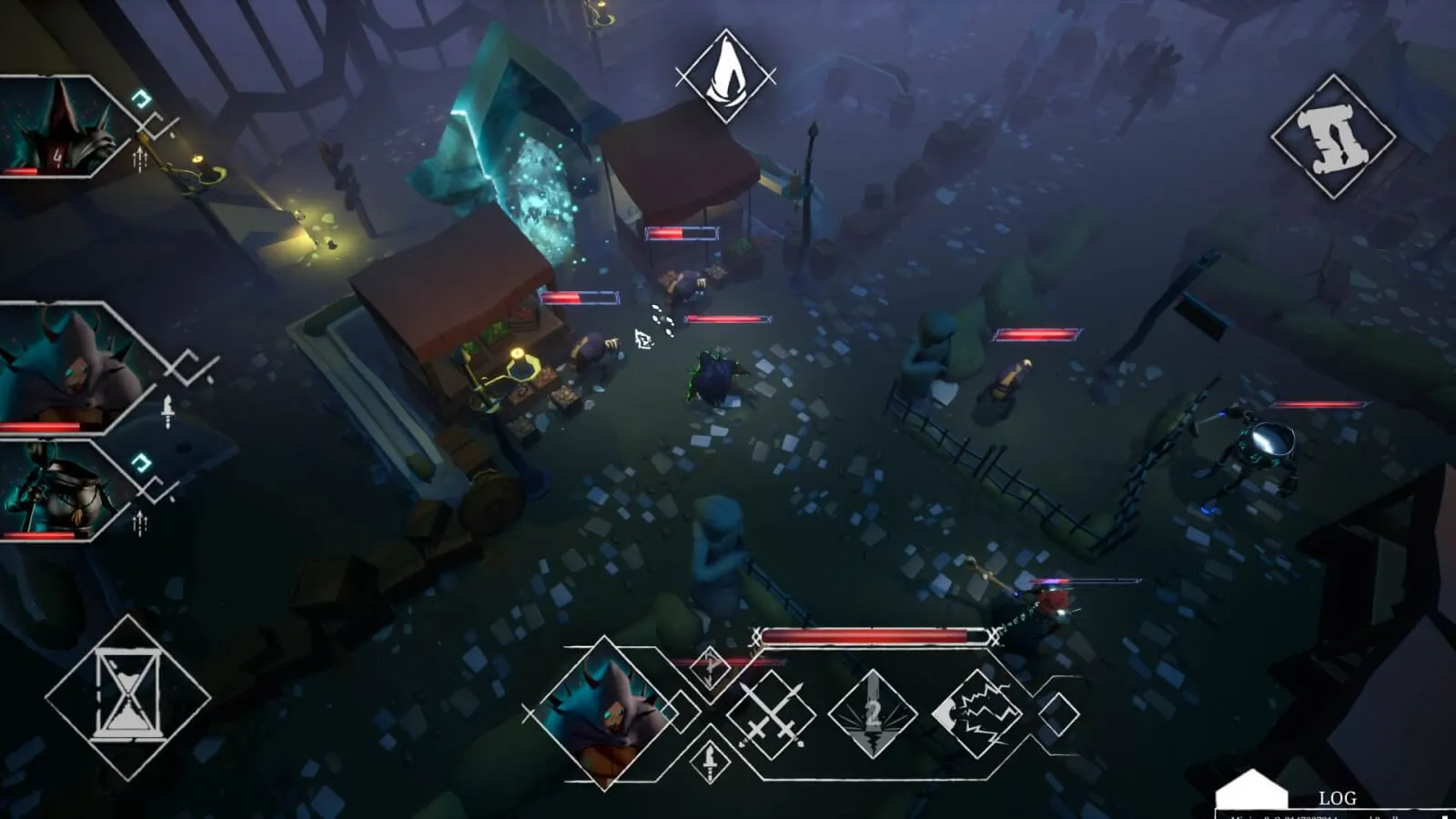 Characters in a tactical grid-based game navigating a foggy village.