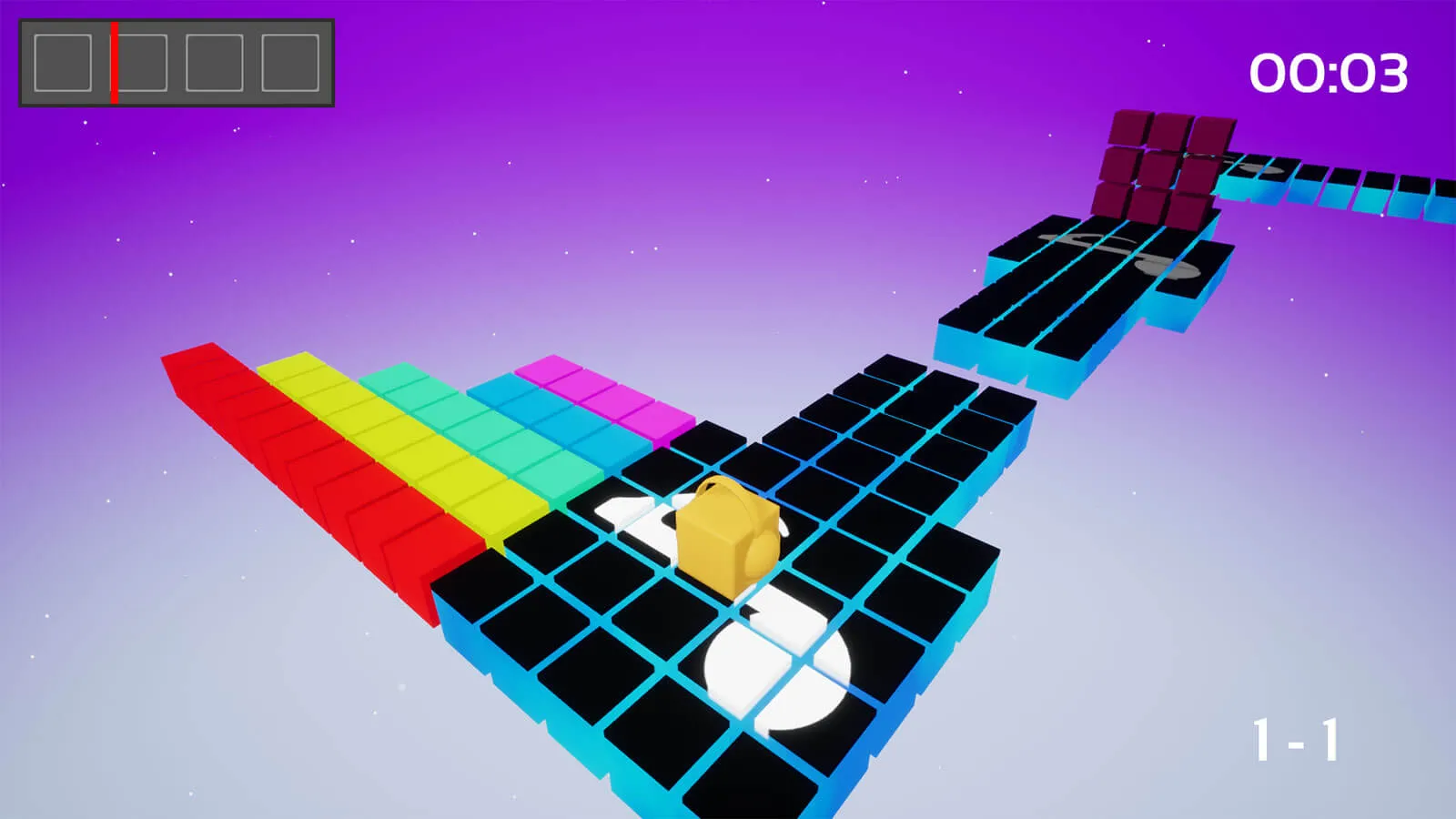 Isometric view of a gold block reaching a platform made of black boxes with a white music note on it