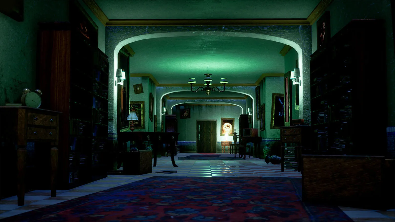 A lavish hallway lit by an eerie green light