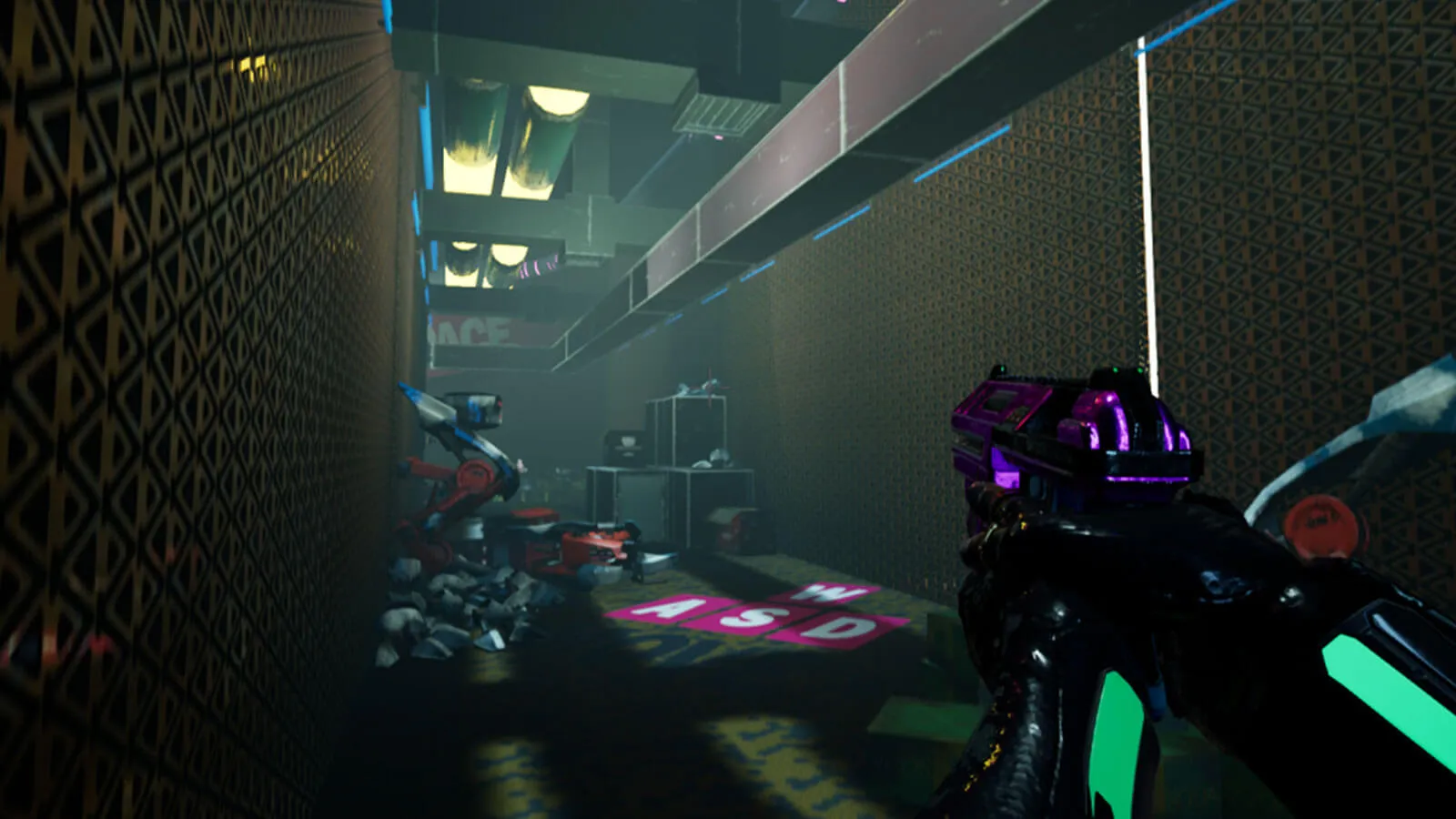 1st-person view of a player pointing a pistol inside a hallway filled with scrap robots