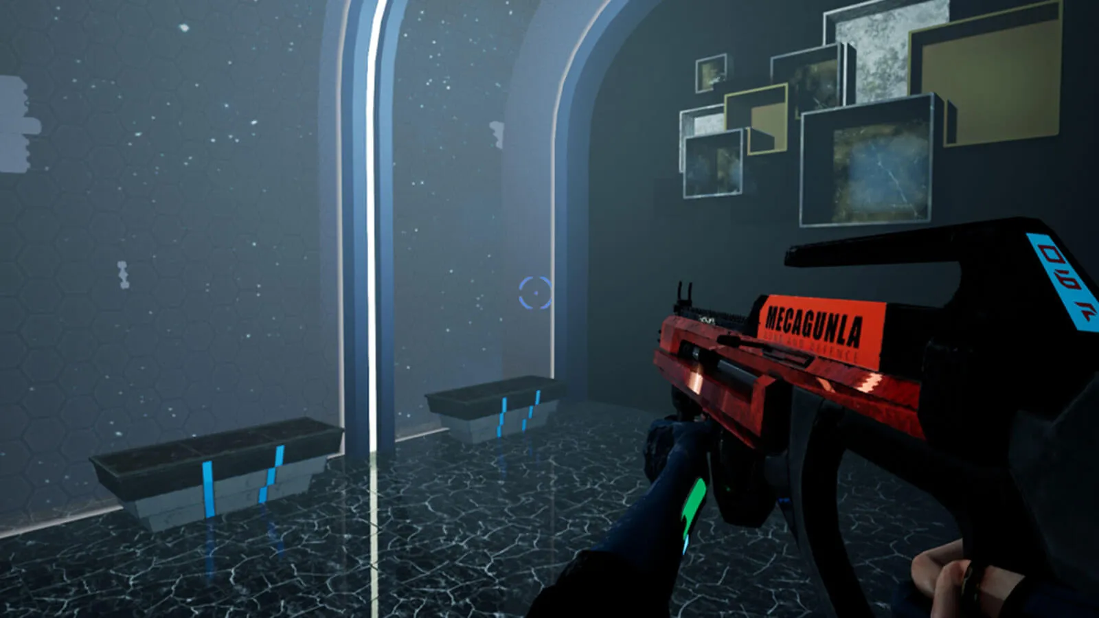 1st-person view of a player holding a futuristic rifle that says &#039;Mecagunla&#039;