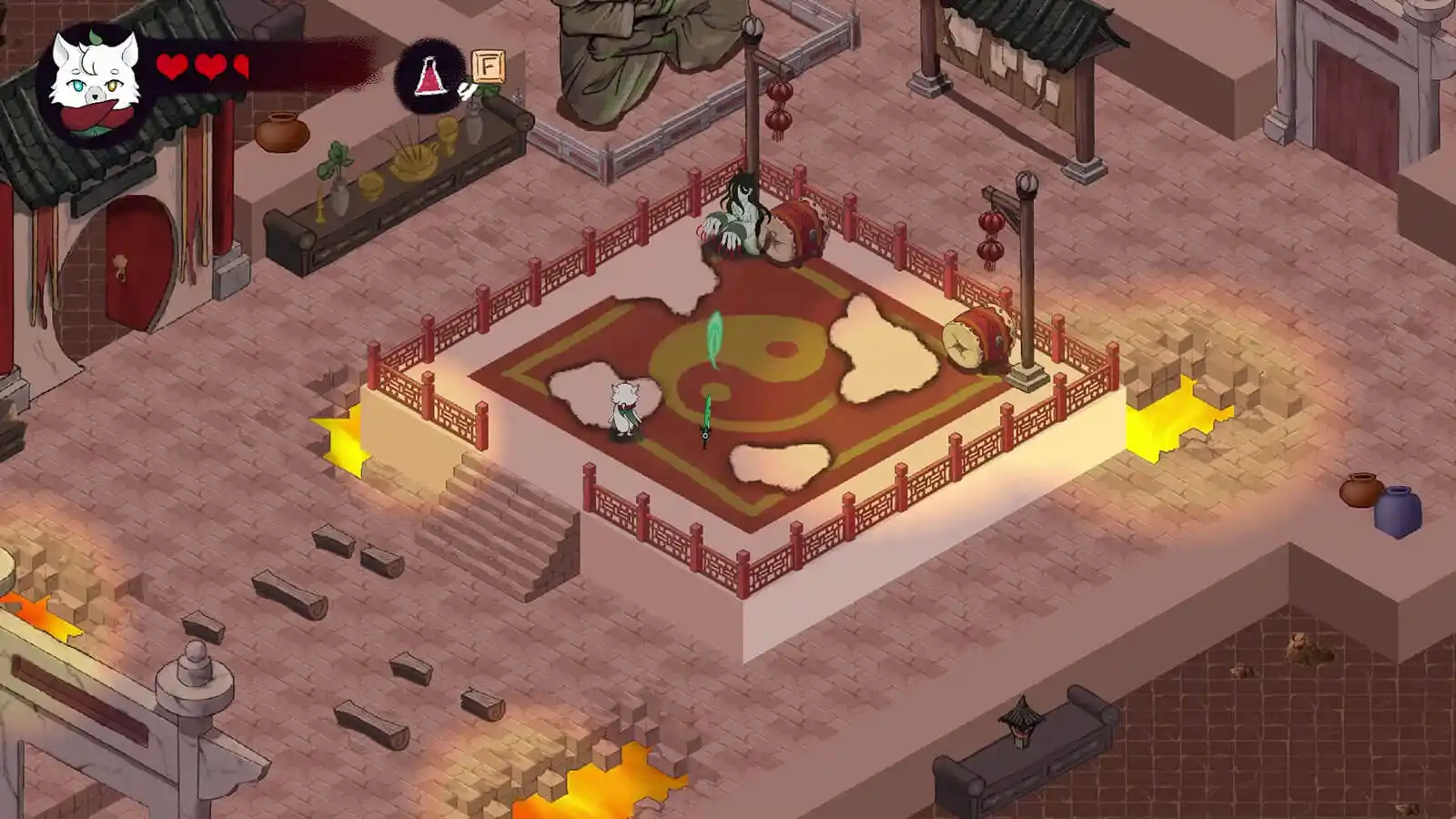 Character approaches a platform in a courtyard with a ghoul standing on it