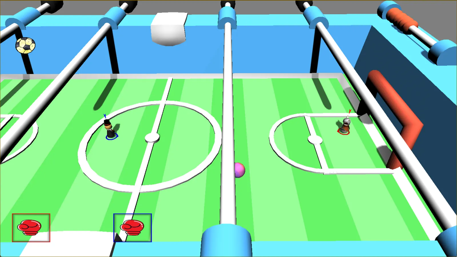 Foosball game with animated characters on a foosball table