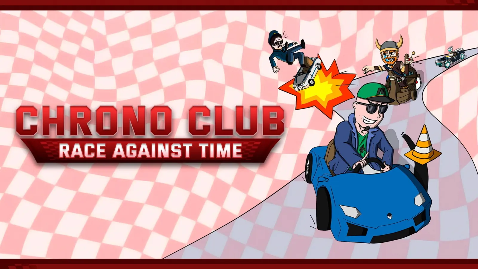 Banner de dibujos animados para Chrono Club: Carrera contra el tiempo con personajes en varios vehículos sobre un fondo a cuadros.
