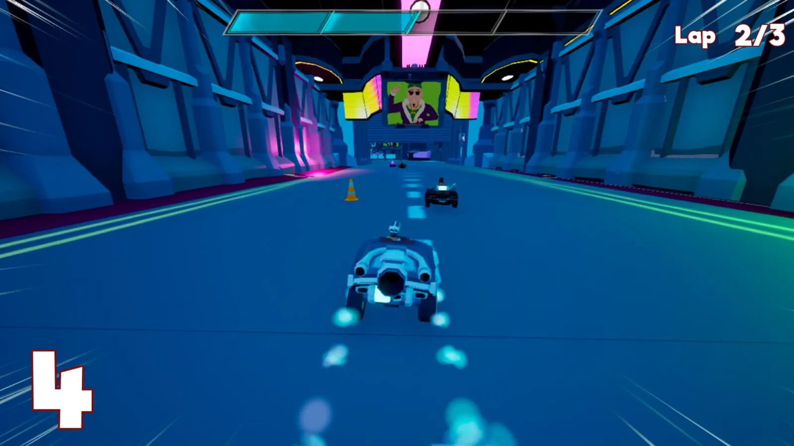 Racing game screenshot with a blue-lit futuristic track, showing multiple vehicles in a tunnel