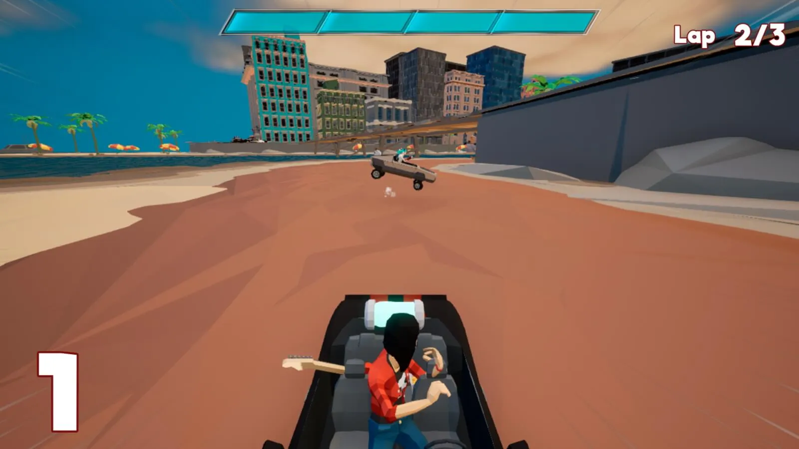 Racing game with vehicles on a sandy beach track, with buildings and palm trees in the background.