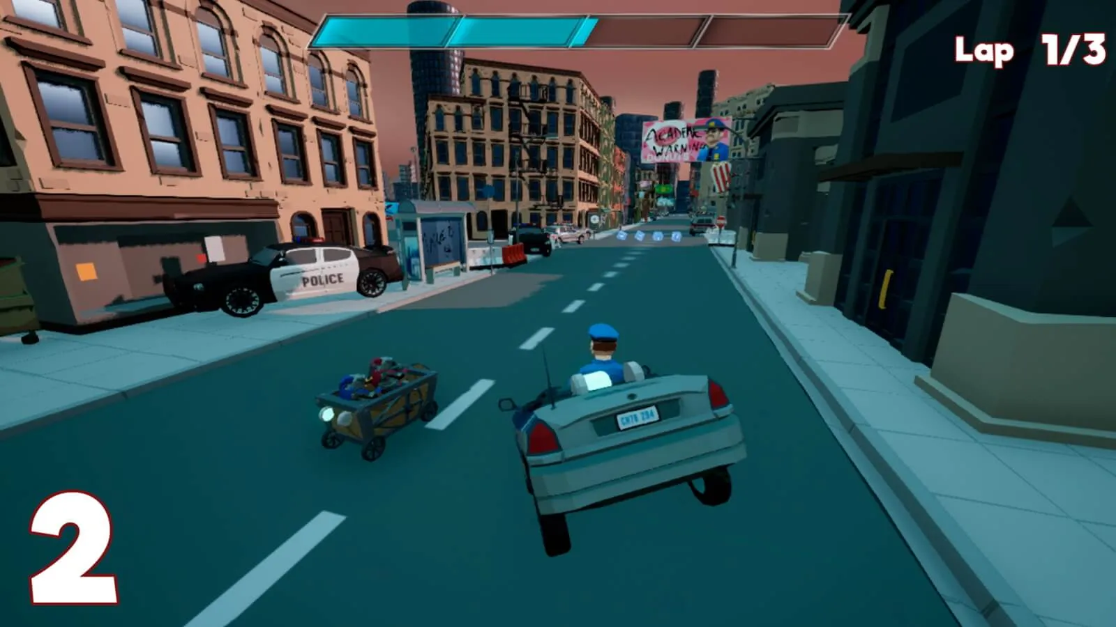 Police car and makeshift cart racing on a city street, with buildings and police cars on the side.