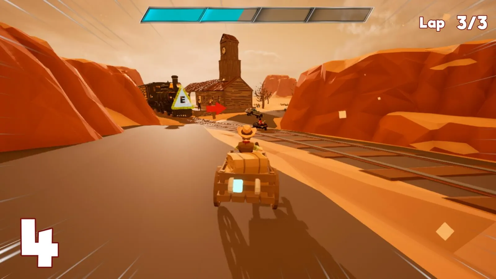 Wild West-themed racing game with a car driving near train tracks and a rustic building.