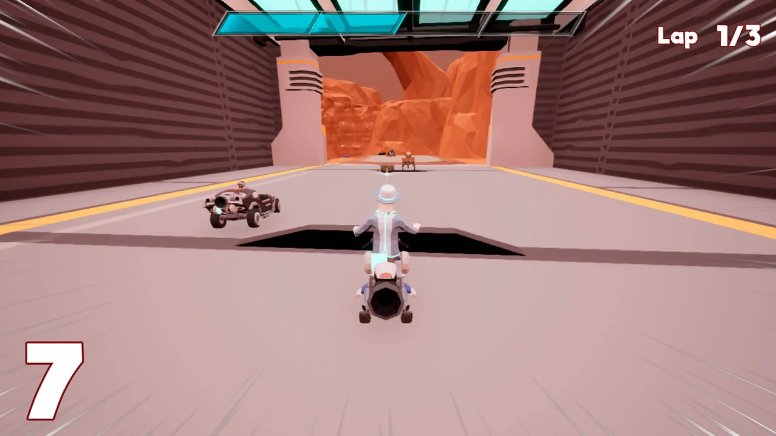 Sci-fi racing game with multiple vehicles on a futuristic track inside a canyon-like area.