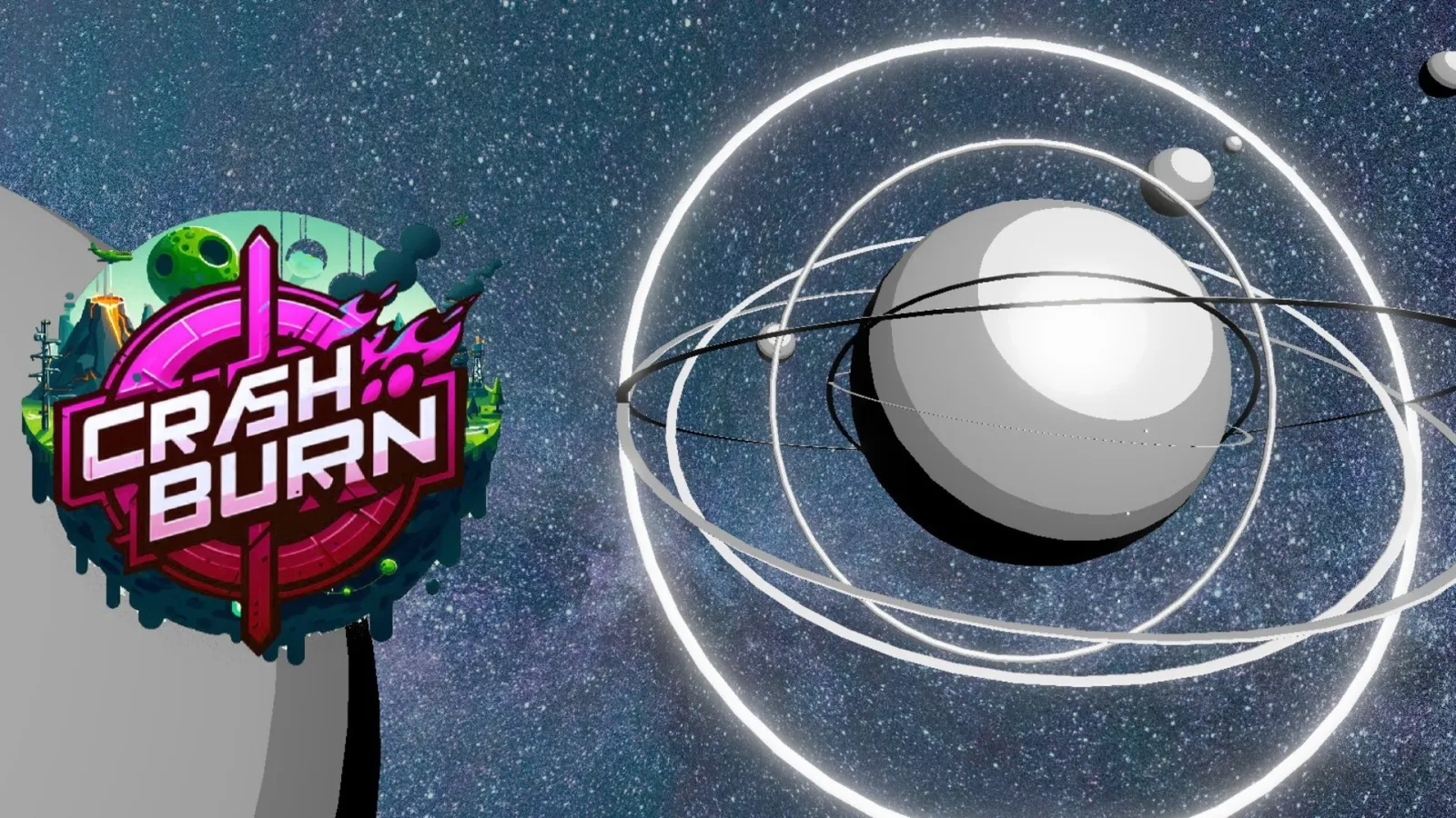 Logo of the game Crash N Burn. Next to the logo, a planet surrounded by rings