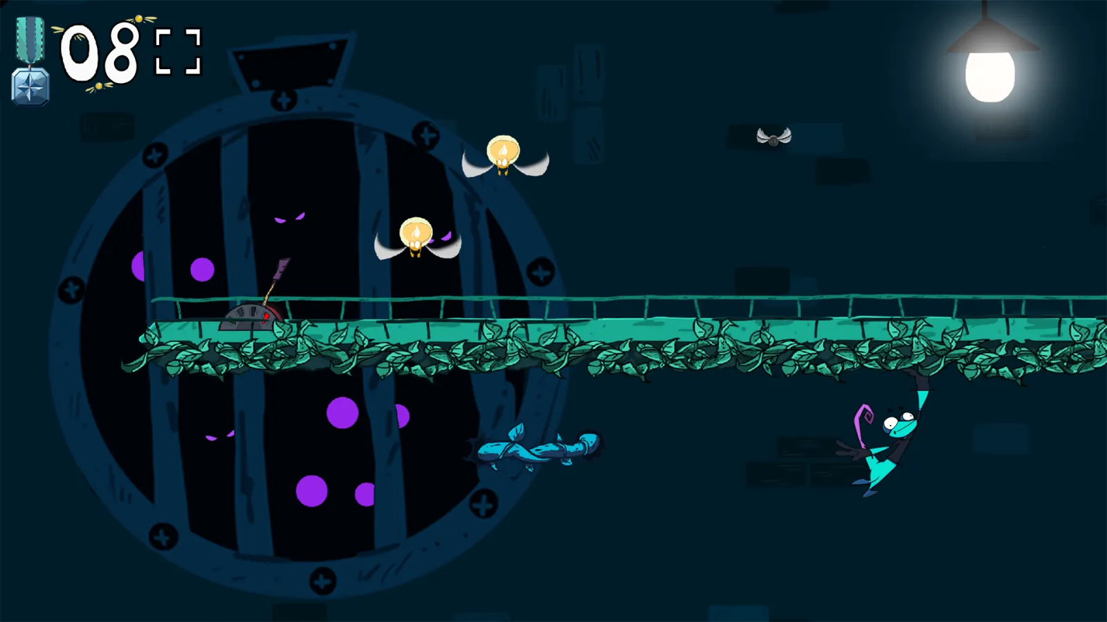 A character hangs from vines in a dark tunnel while small creatures fly around