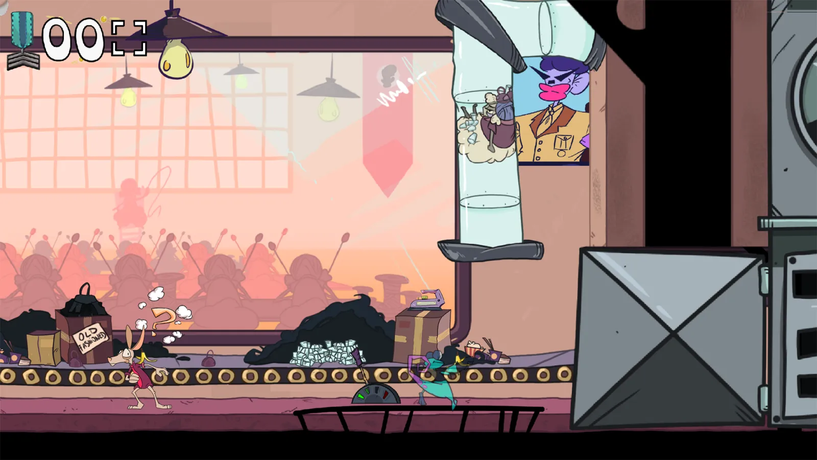 A character runs through a factory filled with pipes while another character watches from a capsule.