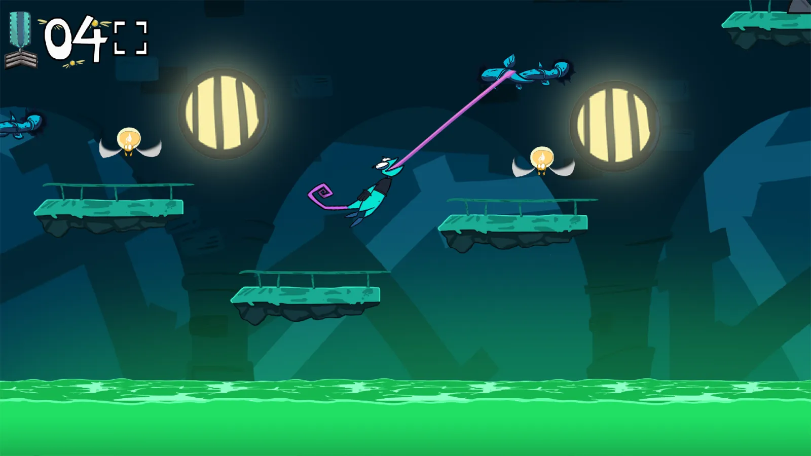 A character uses its long tongue to swing between platforms in a dark environment with green light.