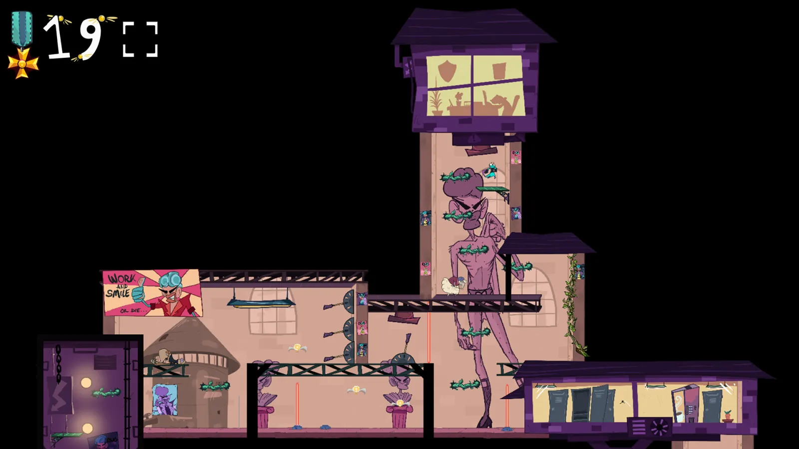 A large purple building with multiple levels, filled with platforms and small characters.