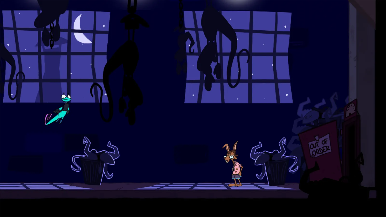 A character floats in a dark room with a creature standing near the trash.