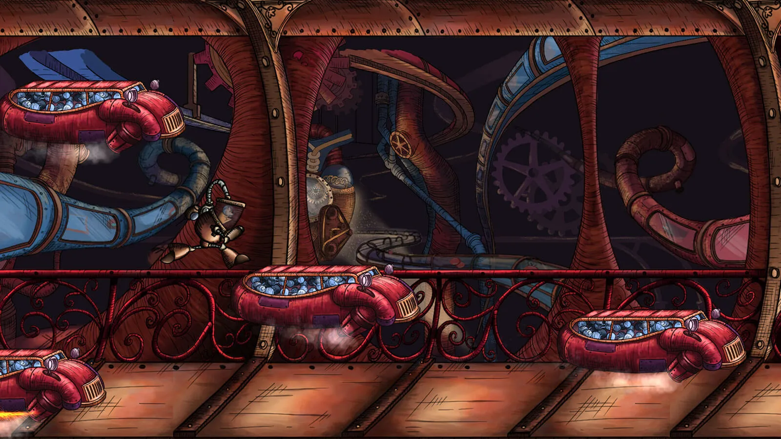 Player jumps onto a platform comprised of a red car full of grey cans