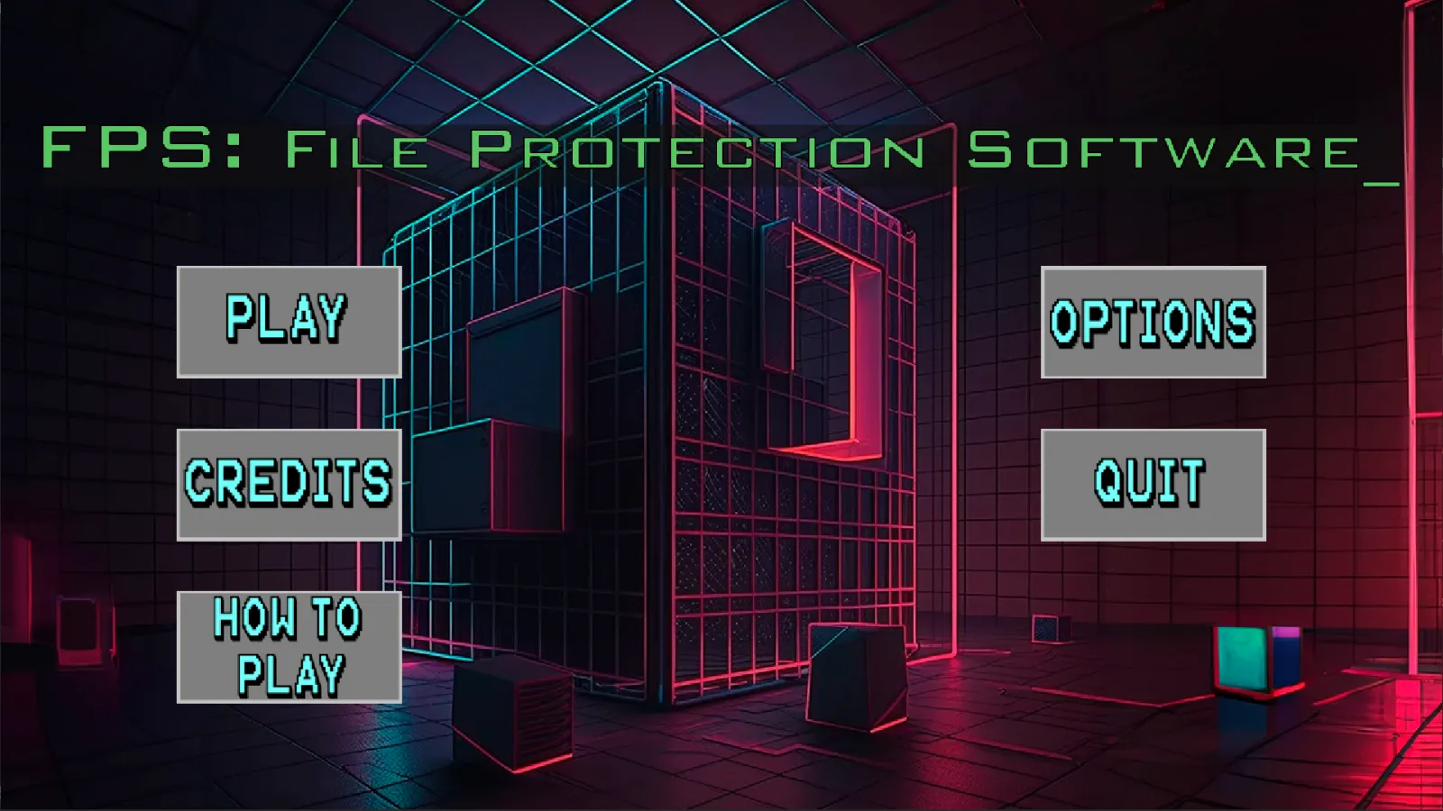 Menú principal del juego "FPS: File Protection Software" con opciones de juego.