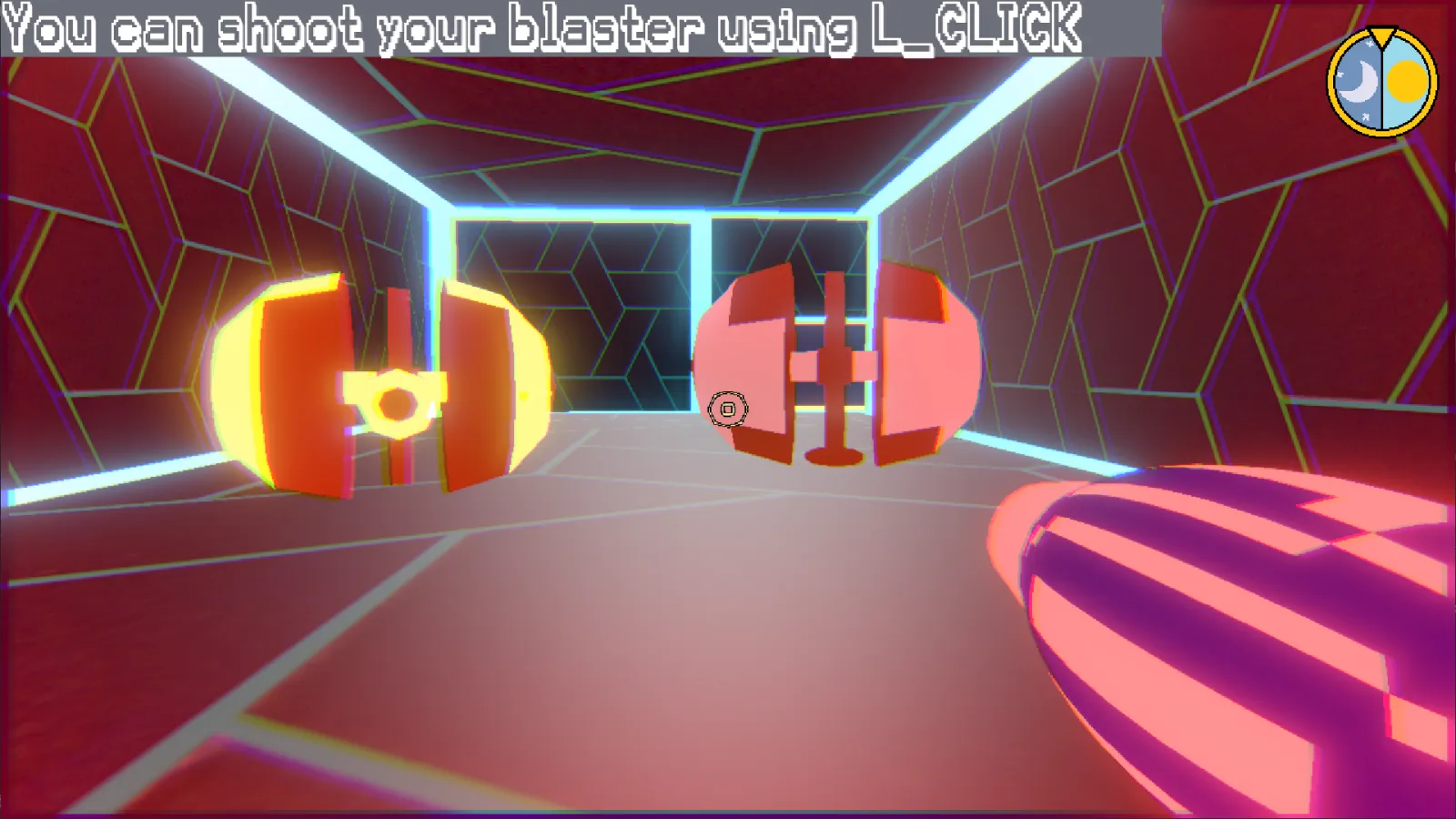 Player shooting at enemies in a neon-lit hallway.