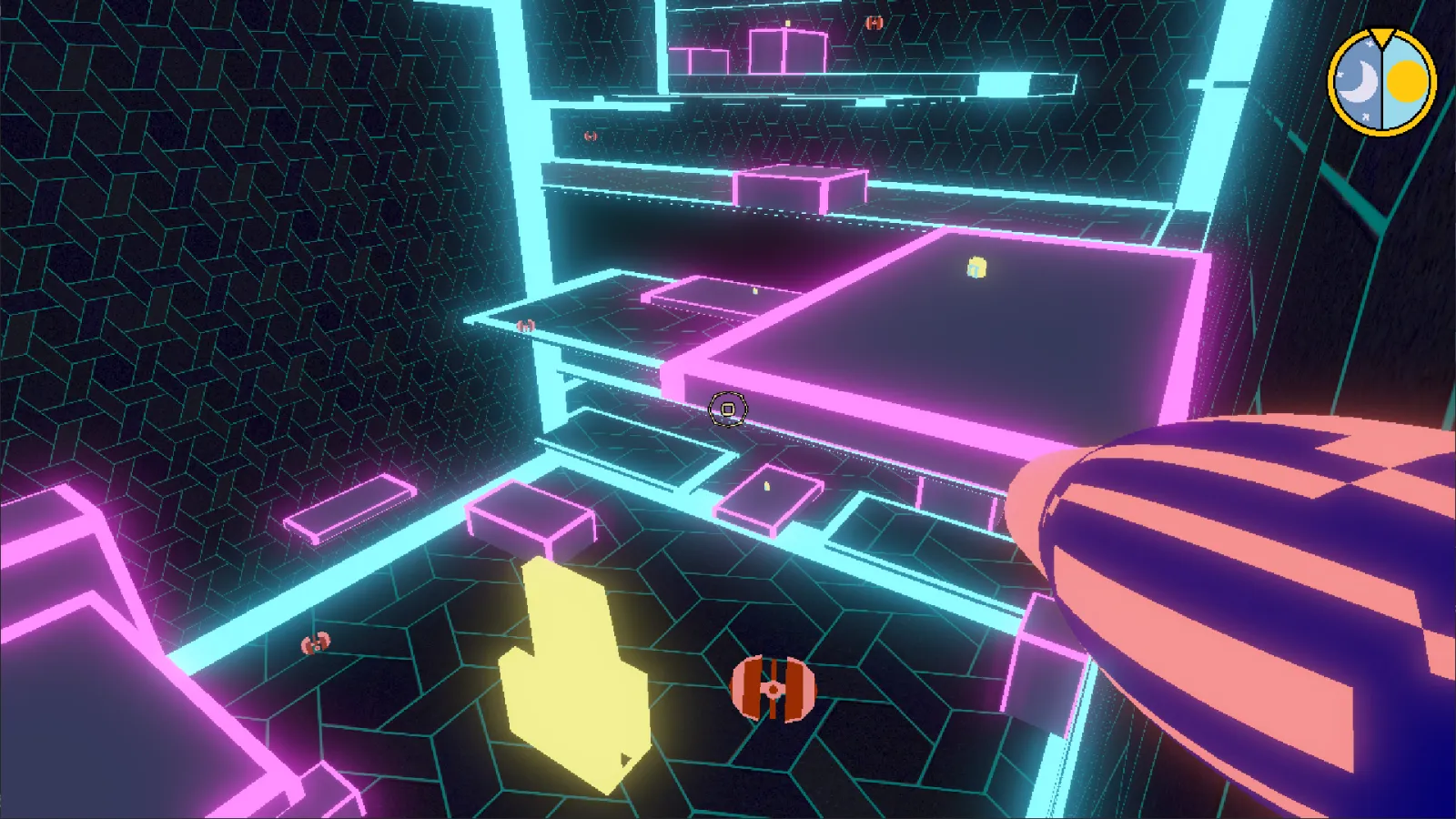 Aerial view of a room with floating platforms and enemies.