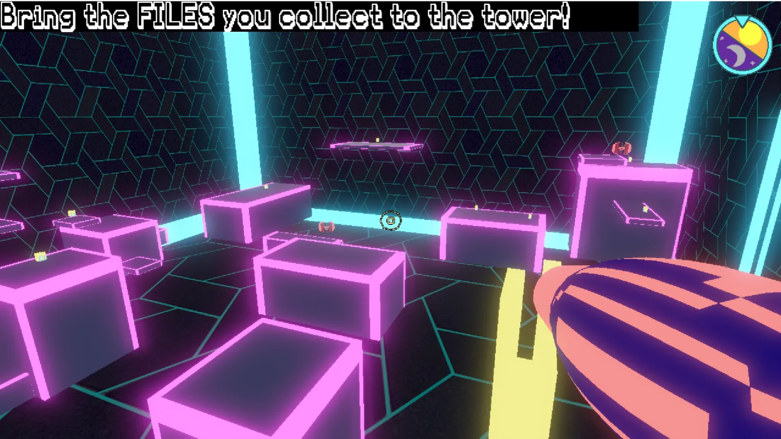 Player collecting files in a room illuminated by pink lights.